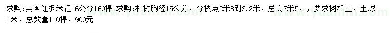 求购米径16公分美国红枫、胸径15公分朴树