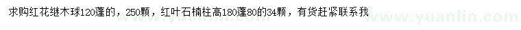 求购冠幅120公分红花继木球、高180公分红叶石楠柱