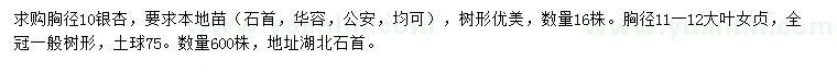求购胸径10公分银杏、胸径11-12大叶女贞