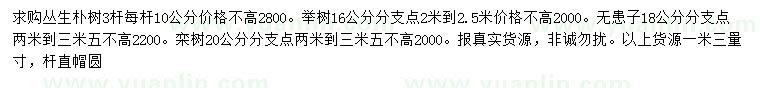 求购丛生朴树、榉树、无患子等