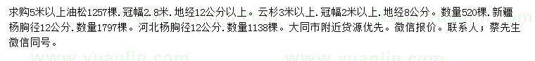 求购油松、云杉、新疆杨等