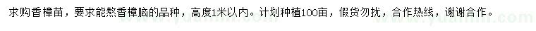 求购高1米以内香樟苗