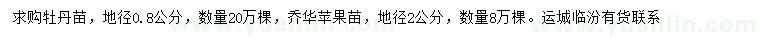 求购地径0.8公分牡丹苗、地径2公分乔华苹果苗