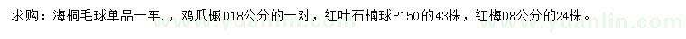 求购海桐毛球、鸡爪槭、红叶石楠球等