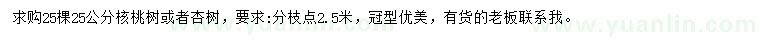 求购25公分核桃树、杏树