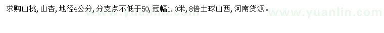 求购地径4公分山桃、山杏