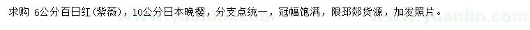 求购6公分百日红紫薇、10公分日本晚樱