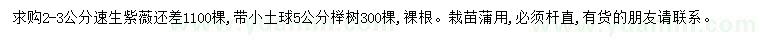 求购2-3公分速生紫薇、5公分榉树