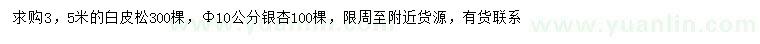 求购3.5米白皮松、胸径10公分银杏