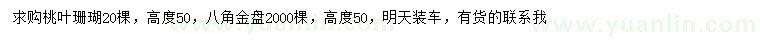 求购高50公分桃叶珊瑚、八角金盘