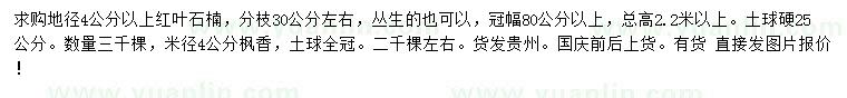 求购地径4公分以上红叶石楠、米径4公分枫香