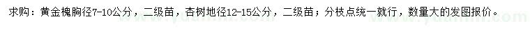 求购胸径7-10公分黄金槐、地径12-15公分杏树
