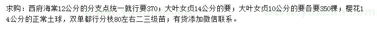 求购西府海棠、大叶女贞、樱花