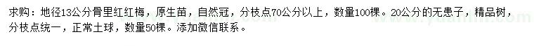 求购地径13公分骨里红红梅、20公分无患子