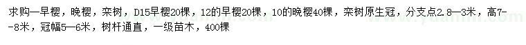 求购早樱、晚樱、栾树