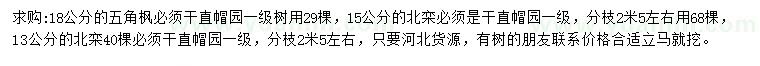 求购18公分五角枫、13、15公分北栾