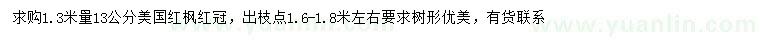 求购1.3米量13公分红冠红枫