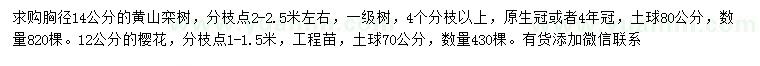 求购胸径14公分黄山栾树、12公分樱花