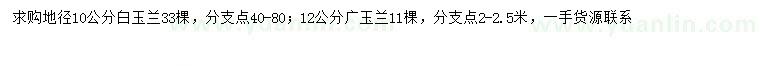 求购地径10公分白玉兰、12公分广玉兰