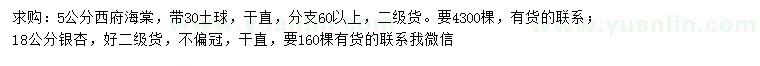 求购5公分西府海棠、18公分银杏