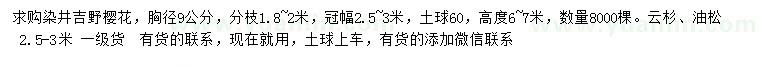 求购染井吉野樱、云杉、油松