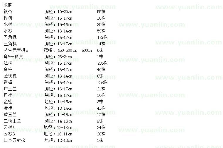 求购银杏、榉树、水杉等