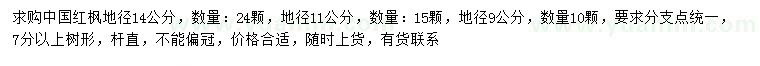 求购地径9、14公分中国红枫