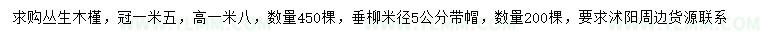 求购冠幅1.5米丛生木槿、米径5公分垂柳