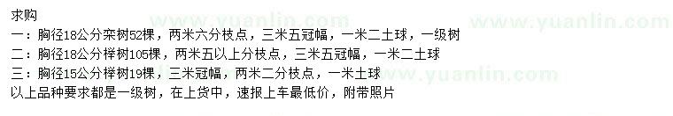 求购胸径18公分栾树、胸径15、18公分榉树