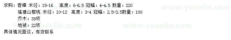 求购米径15-16公分香樟、米径10-12公分福建山樱花